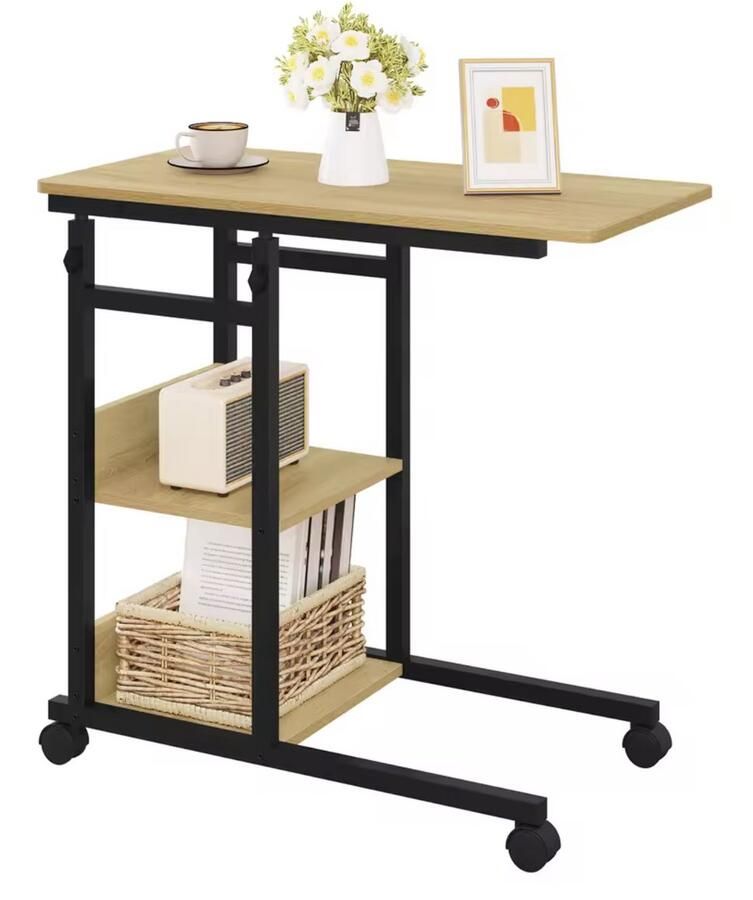 Varnox Bijzettafel Kleine bijzettafel Sidetable Banktafel Tafel Eindtafel Nachtkastje Tafel op wieltjes Hoogte verstelbaar Wieltjes Industrieel Lichtbruin