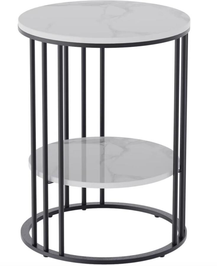 Varnox Bijzettafel Rond Sidetable Banktafel Eindtafel Koffietafel Hoog frame Nachtkastje Gesinterd Steen Marmerlook Licht grijs Zwart metaal 40x40x54cm