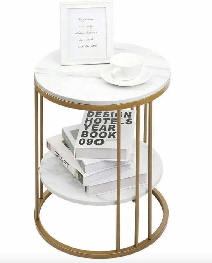 Varnox Bijzettafel Rond Sidetable Banktafel Eindtafel Koffietafel Nachtkastje Gesinterd Steen Marmerlook Wit Goud metaal