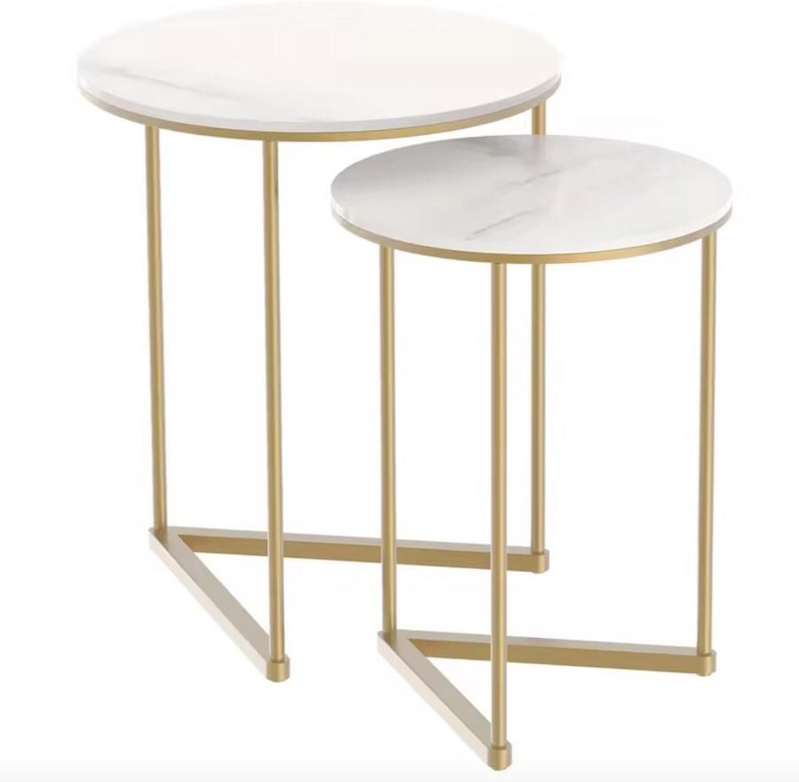 Varnox Bijzettafel Set van 2 tafels Salonrafel Sidetable Banktafel Eindtafel Koffietafel Nachtkastje Gesinterd Steen Metaal Marmerlook Rond Wit Goud