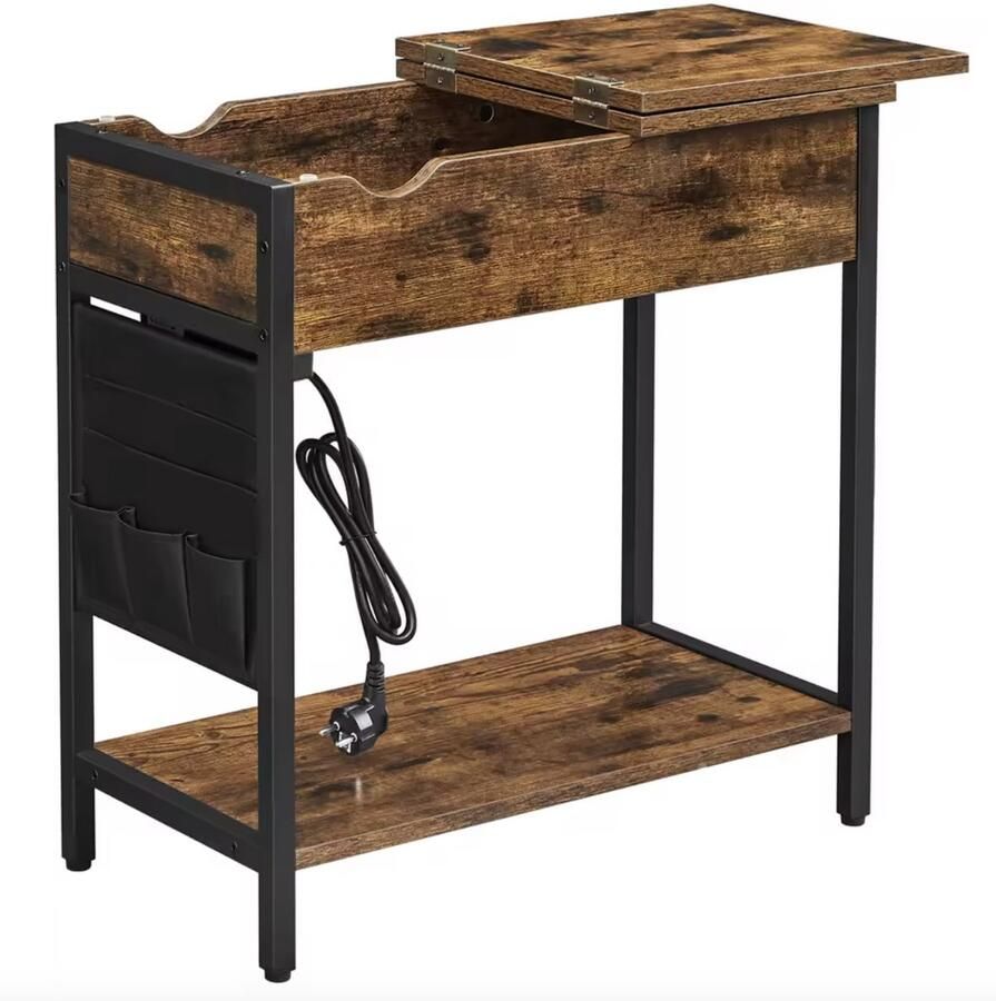 Varnox Bijzettafel Sidetable Banktafel Tafel Eindtafel Nachtkastje Naast bank Naast bed Met stopcontact Stroom Opbergvak met klep USB Industrieel Bruin