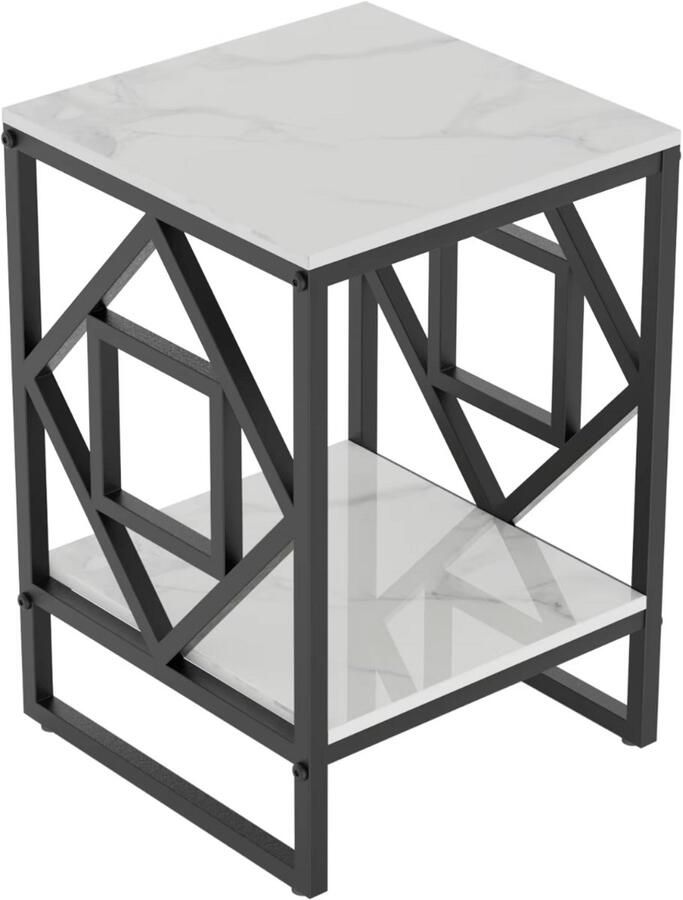 Varnox Bijzettafel vierkant Sidetable Banktafel Eindtafel Koffietafel Nachtkastje Gesinterd Steen Marmerlook Licht grijs Zwart metaal 40x40x58cm