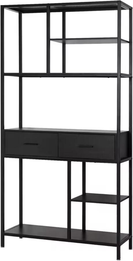 Varnox Boekenkast Kast Boekenkast Open Kast Wandkast Opbergkast 2 lades 2 laden Industrieel Hout Metaal Zwart