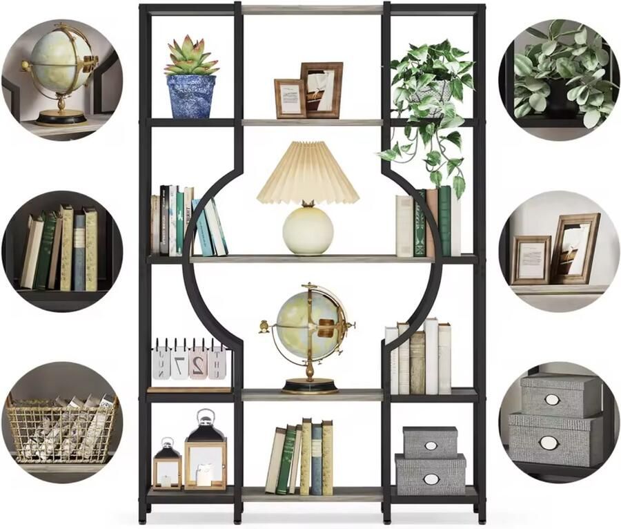 Varnox Boekenkast Kast Boekenkast Open Kast Wandkast Opbergkast Industrieel Hout Metaal Grijs Zwart