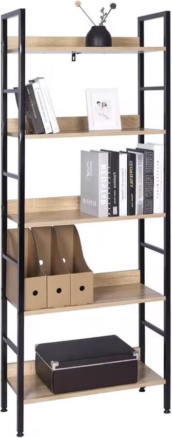 Varnox Boekenkast Kast Boekenkast Open Kast Wandkast Opbergkast Industrieel Hout Metaal Zwart Light Oak hout