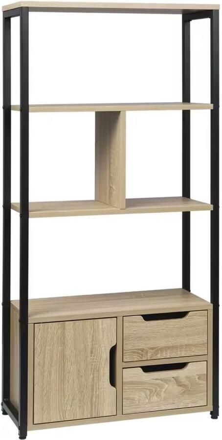 Varnox Boekenkast Kast Kleine Boekenkast Open Kast Wandkast Opbergkast Lades Deur Industrieel Hout Metaal Lichtbruin Zwart