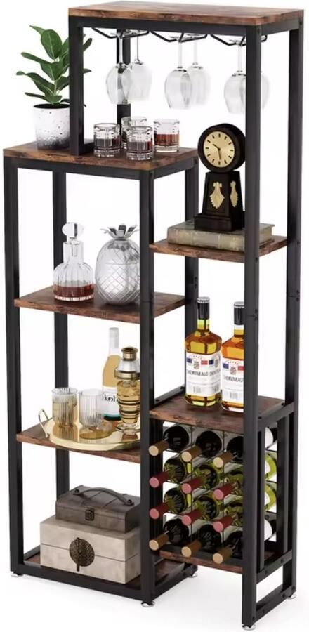 Varnox Drankkast Wijnkast Wijnrek Kast Wijnglashouders Flessenhouders Industrieel Hout en metaal Bruin Zwart 175x80x30cm