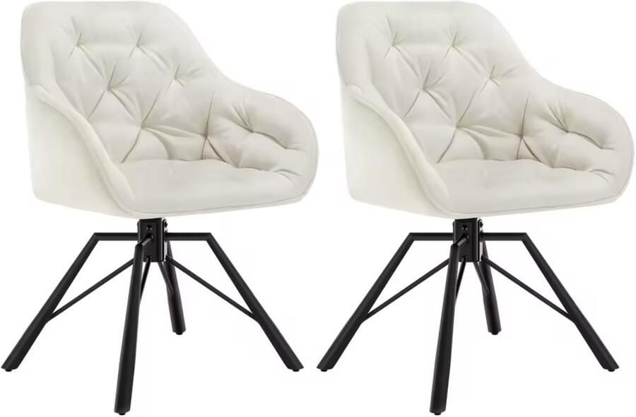 Varnox Eetkamer Stoelen Eettafel stoelen Draaistoel Eetkamerstoel Fauteuil Stoel Fluweel Velvet Set van 2 360 graden draaibaar Crème wit Zwarte Poot