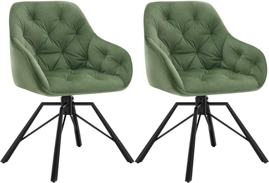 Varnox Eetkamer Stoelen Eettafel stoelen Draaistoel Eetkamerstoel Fauteuil Stoel Fluweel Velvet Set van 2 360 graden draaibaar Groen Zwarte Poot