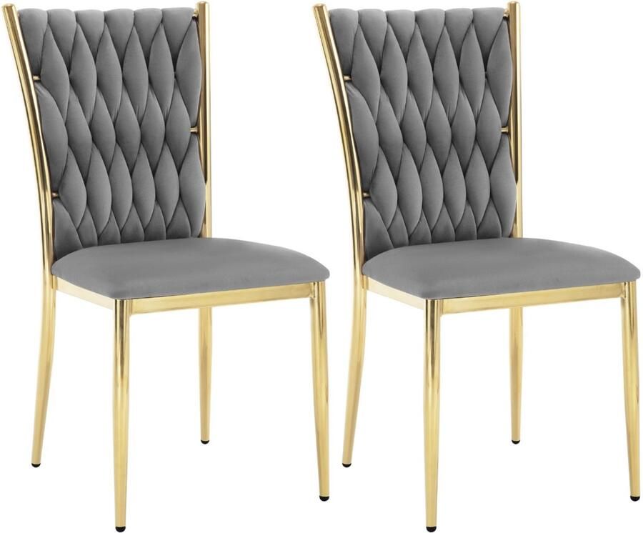 Varnox Eetkamer Stoelen Eettafel stoelen Eetkamerstoel Stoel Fluweel Velvet Set van 2 Grijs Gouden Poot