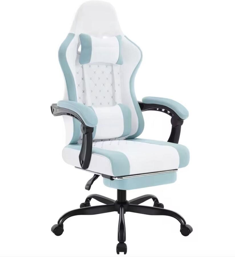 Varnox Gaming stoel Game stoel Bureaustoel Computerstoel Stoel Met wieltjes Ergonomisch Kussen Voetsteun Hoofdsteun Lendesteun Ontspanning massage Wit Blauw