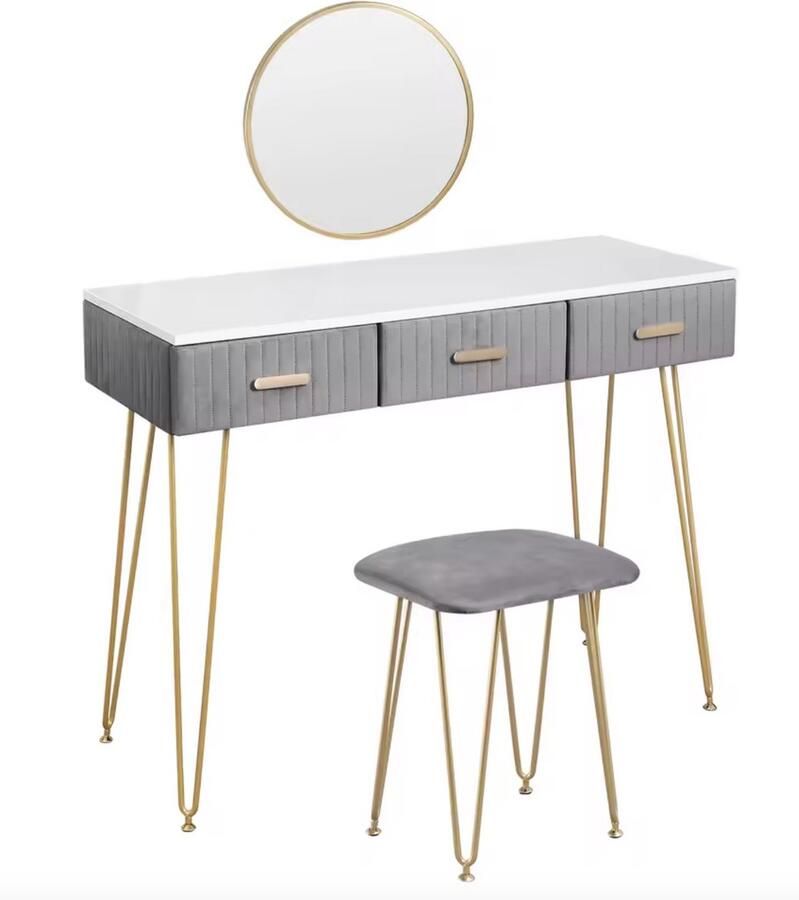 Varnox Grijze Kaptafel met kruk en spiegel Kaptafel set Fluwelen kaptafel Tafel Set Make-up tafel Grijs Fluweel 3 Lades Tafel Meubelen 1 Meter