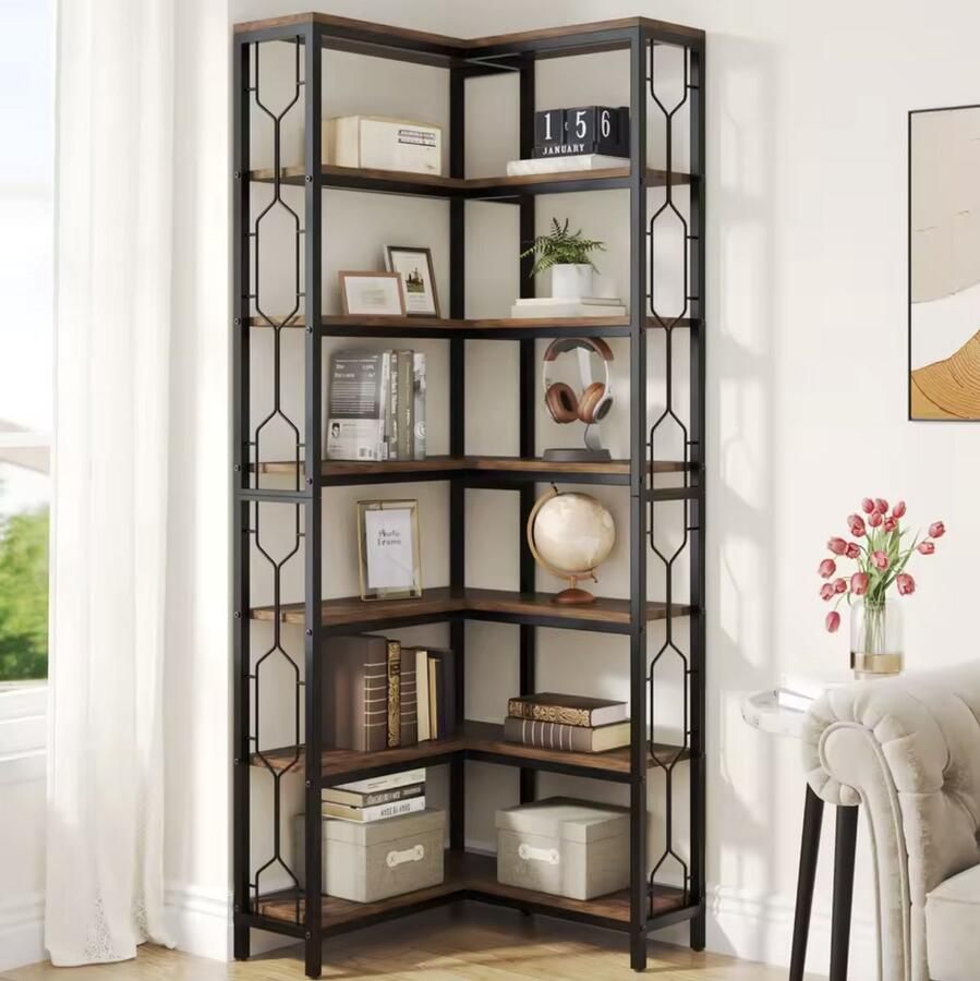 Varnox Hoekkast Kast Boekenkast Open Kast Hoek Opbergkast Industrieel Hout Metaal Bruin Zwart