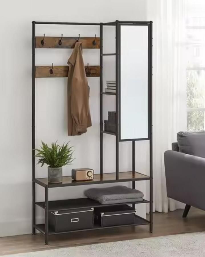 Varnox Kapstok Kledingrek Kledingstandaard Garderobekast Kleerhanger Garderoberek Gangmeubel Kapstok Staande kapstok Vestiairemeubel Kast Rek Planken 7 Haken Spiegel Schoenen rek Hout en metaal Bruin Zwart