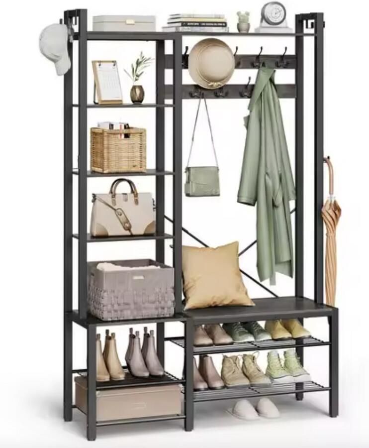 Varnox Kapstok Kledingrek Kledingstandaard Garderobekast Kleerhanger Garderoberek Gangmeubel Kapstok Staande kapstok Vestiairemeubel Kast Rek Planken Donkergrijs Hout Zwart metaal 120x40x190cm