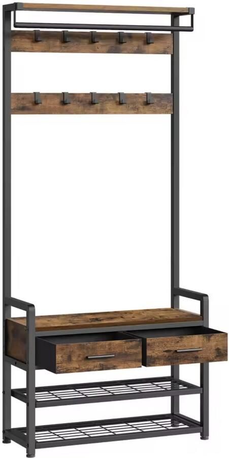 Varnox Kapstok Kledingrek Kledingstandaard Garderobekast Kleerhanger Garderoberek Gangmeubel Staande kapstok Schoenenbank Kast Rek 2 lades Demontabel Gescheiden te gebruiken Bruin