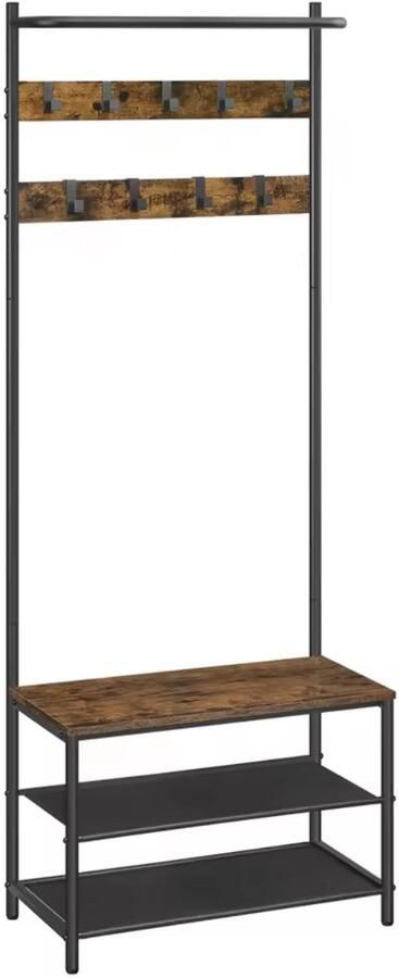 Varnox Kapstok Kledingrek Smalle kapstok Kledingstandaard Garderobekast Kleerhanger Garderoberek Gangmeubel Kapstok Staande kapstok Vestiairemeubel Kast Rek Planken 9 Haken Schoenen rek Hout en metaal Bruin Zwart