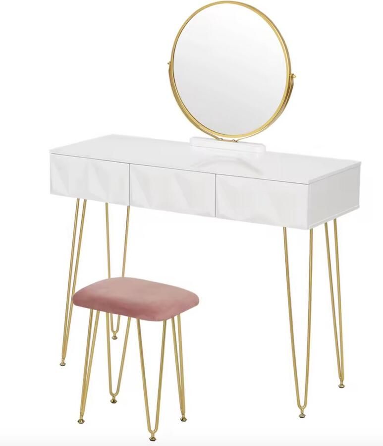 Varnox Kaptafel met kruk en spiegel Kaptafel set Geometrische vormen Tafel Set Make-up tafel Wit 3 Lades Tafel Meubelen 1 Meter