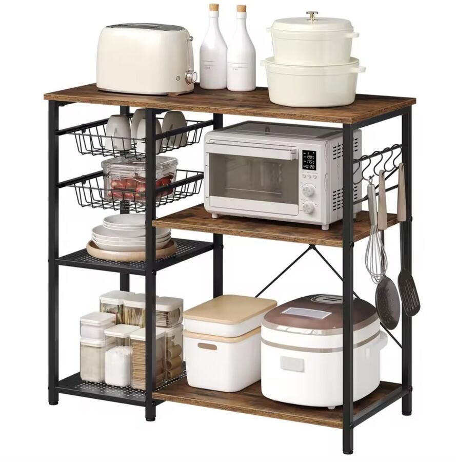 Varnox Keukenrek Magnetron Rek Opberg rek Keukenkast Opbergkast Keukenplank 2 manden 5 haken Bruin Zwart