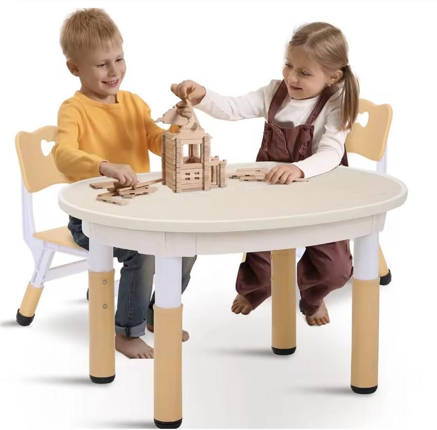 Varnox Kindertafel Tafel Knutsel tafel Teken tafel kinderen Tafel met stoelen Tafel met stoeltjes Uitwisbaar tafelblad Hoogte verstelbare tafel Hoogte verstelbare stoelen Speeltafel Beige