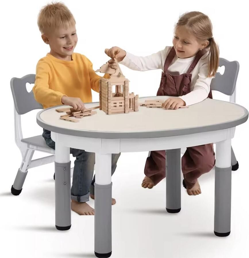 Varnox Kindertafel Tafel Knutsel tafel Teken tafel kinderen Tafel met stoelen Tafel met stoeltjes Uitwisbaar tafelblad Hoogte verstelbare tafel Hoogte verstelbare stoelen Speeltafel Grijs