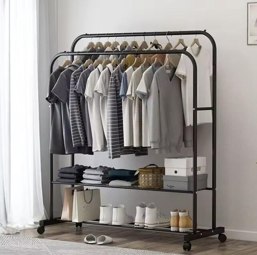 Varnox Kledingrek Garderoberek Rek Kleding Kledingstandaard Open kledingrek Kledingkast Planken Stang Op wielen Verrijdbaar Metaal Zwart