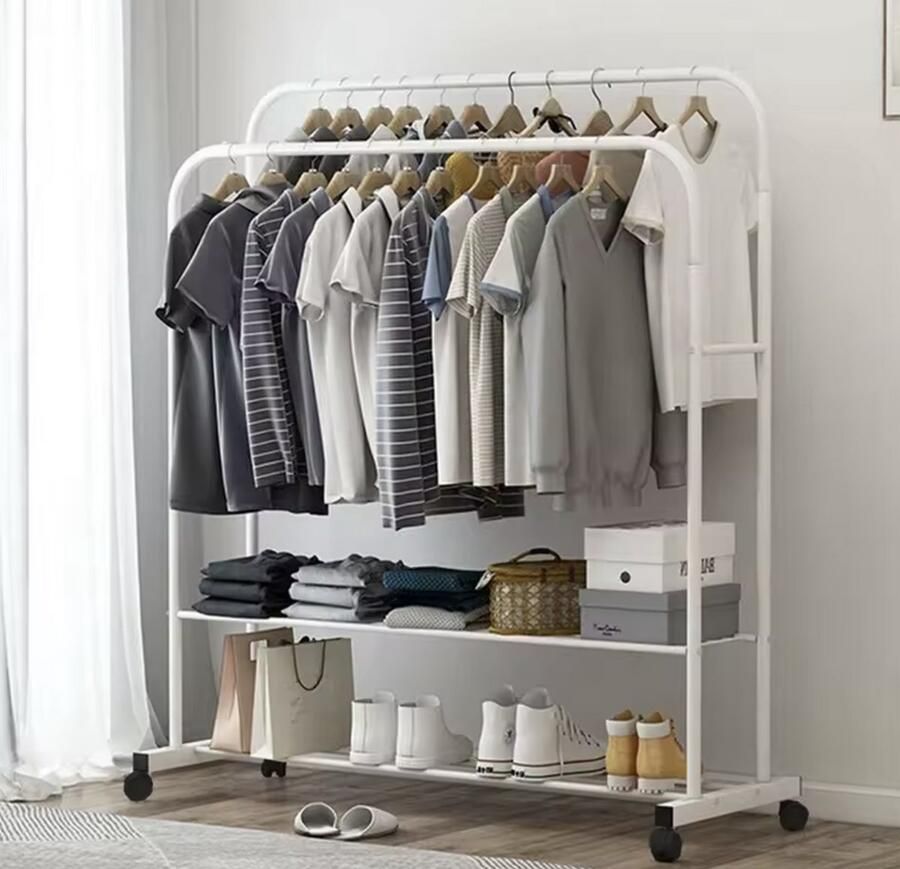 Varnox Kledingrek Garderoberek Rek Kleding Kledingstandaard Open kledingrek Kledingkast Planken Stang Op wielen Verrijdbaar Metaal Wit