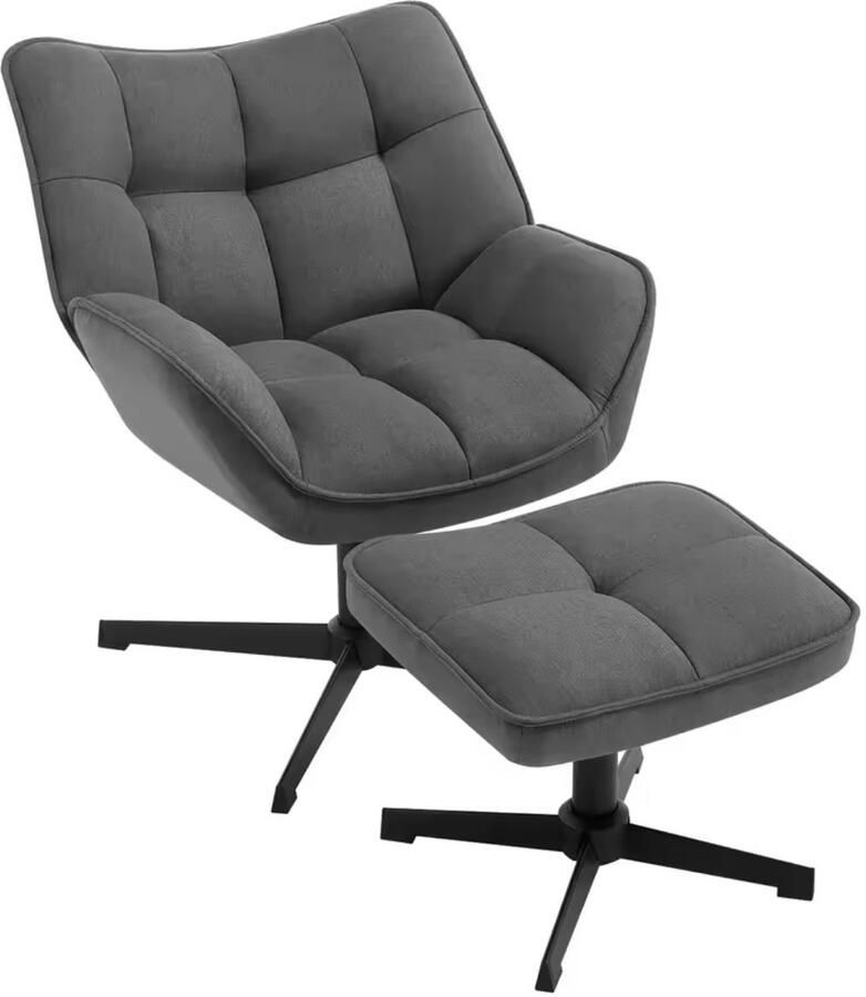 Varnox Loungestoel Fauteuil Stoel met hocker Woonkamer stoel Kamerstoel Linnen stoel Leesstoel Relax stoel met kruk Draaibaar Linnen Grijs