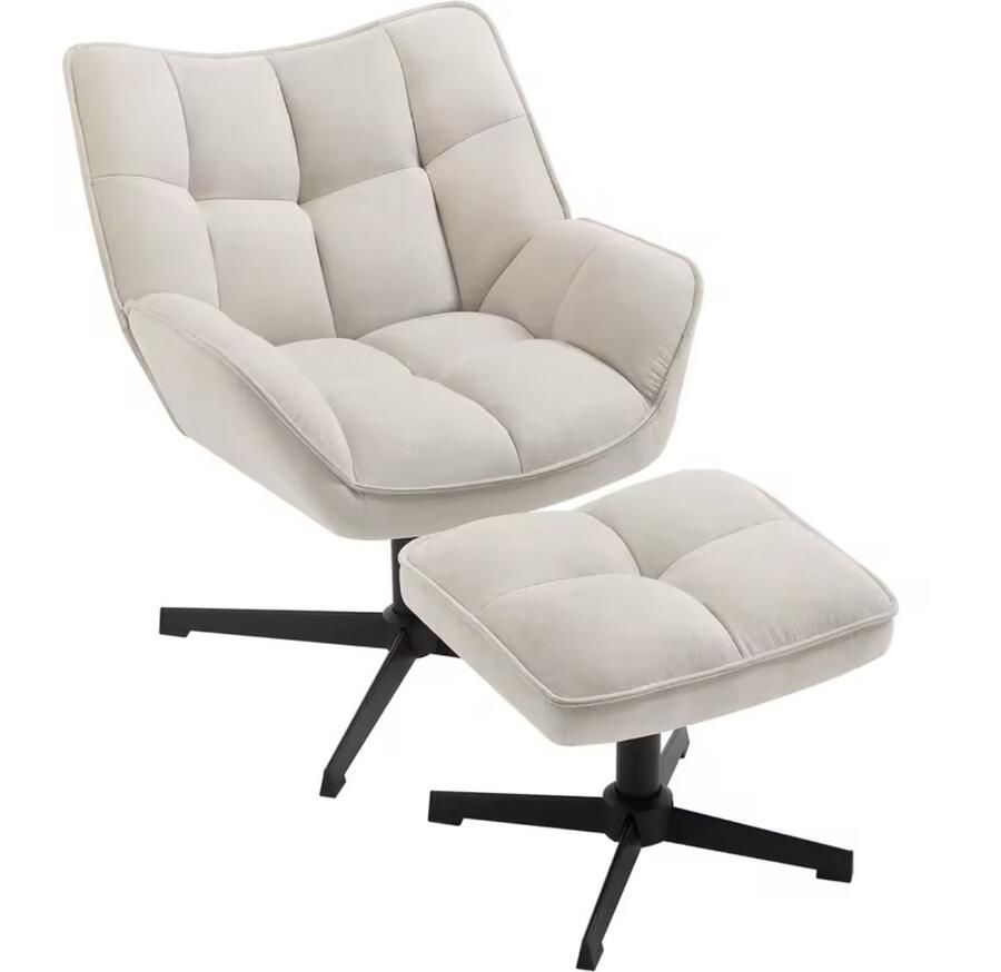 Varnox Loungestoel Fauteuil Stoel met hocker Woonkamer stoel Kamerstoel Linnen stoel Leesstoel Relax stoel met kruk Draaibaar Linnen Beige