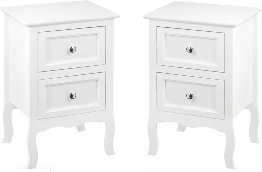 Varnox Nachtkastjes Set van 2 nachtkastjes Klassieke nachtkastjes Tafel Bijzettafel Nachtkastje Eindtafel 2 lades Klassiek Set Wit