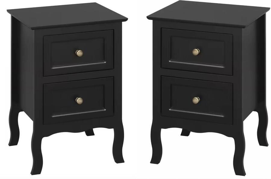 Varnox Nachtkastjes Set van 2 nachtkastjes Klassieke nachtkastjes Tafel Bijzettafel Nachtkastje Eindtafel 2 lades Klassiek Set Zwart