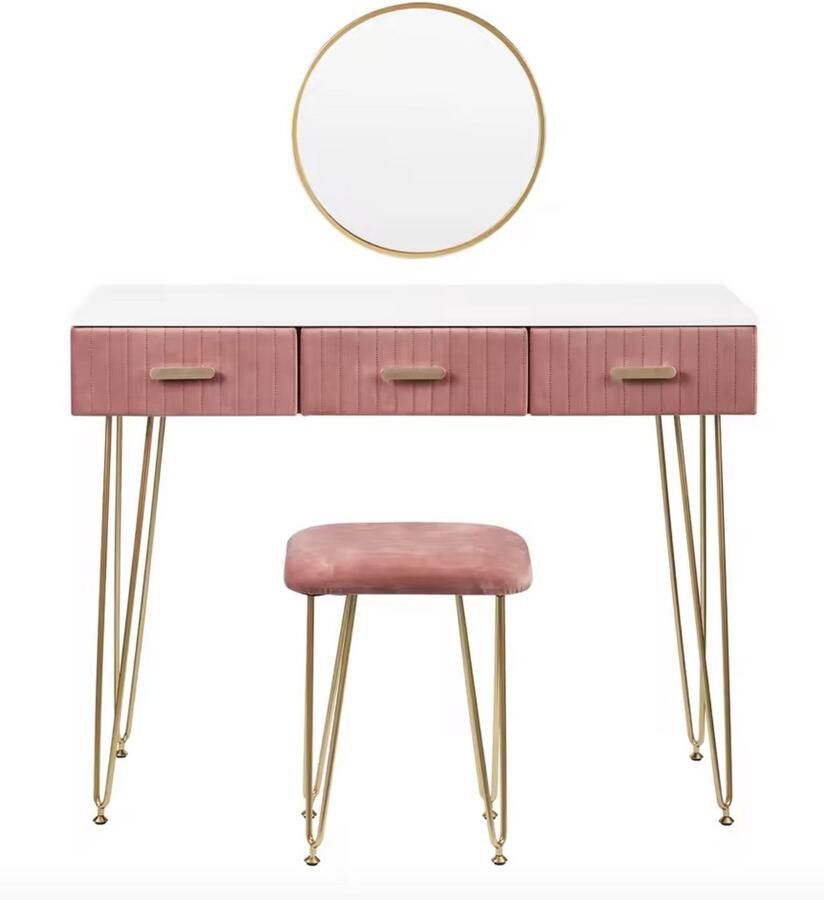 Varnox Roze Kaptafel met kruk en spiegel Kaptafel set Fluwelen kaptafel Tafel Set Make-up tafel Roze Fluweel 3 Lades Tafel Meubelen 1 Meter