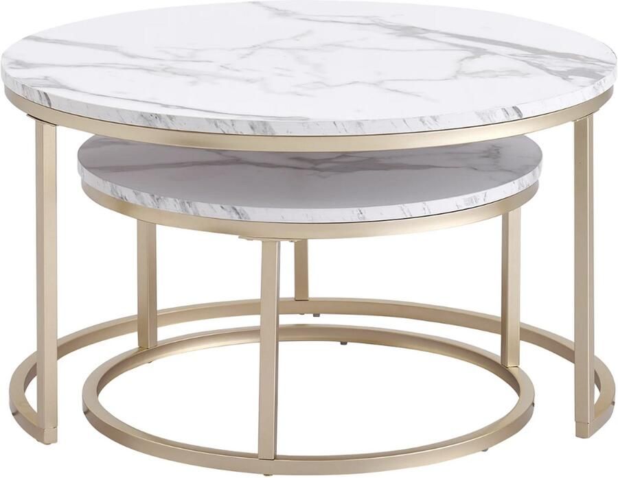 Varnox Salontafel set Hout marmerlook Koffietafel Bijzettafel Nestelbare salontafel Ronde salontafel 2in1 combinatie Gouden poot Wit marmerlook blad