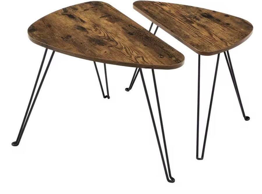 Varnox Salontafel set Houten tafels Koffietafel Bijzettafel 2in1 combinatie Zwarte poot Organisch Asymmetrisch Hout Bruin 60cm en 52cm