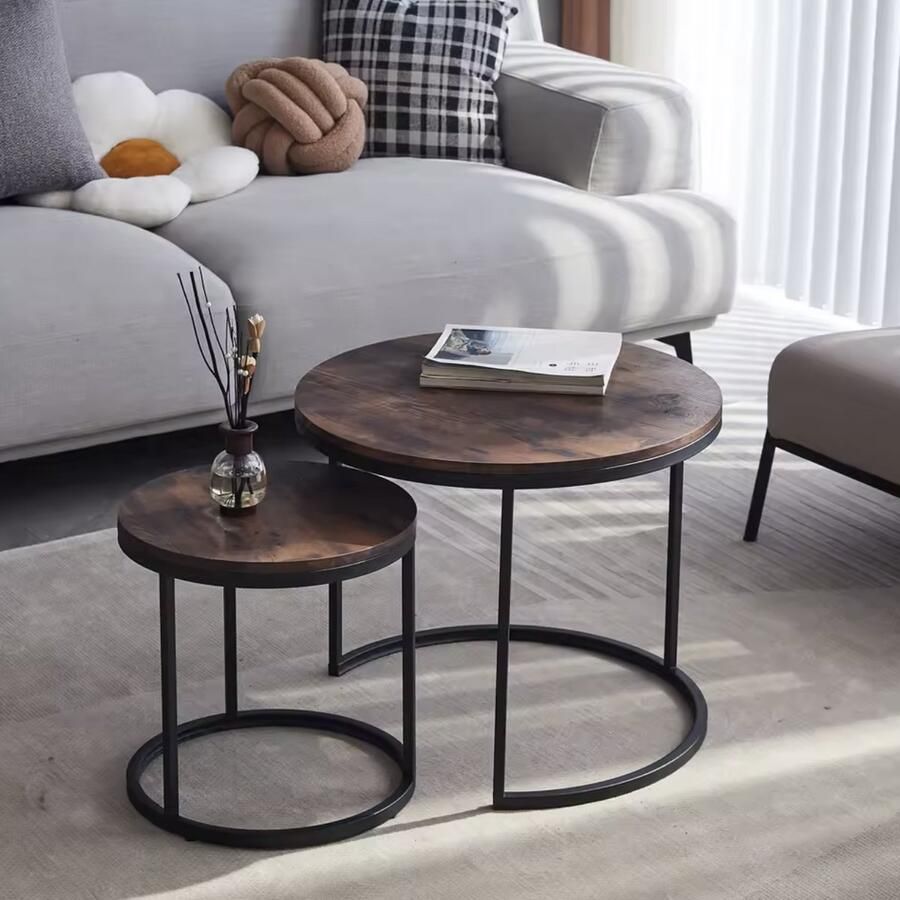 Varnox Salontafel set Houten tafels Koffietafel Bijzettafel Nestelbare salontafel Ronde salontafel 2in1 combinatie Zwarte poot Fire Cloud Bruin 60cm en 40cm