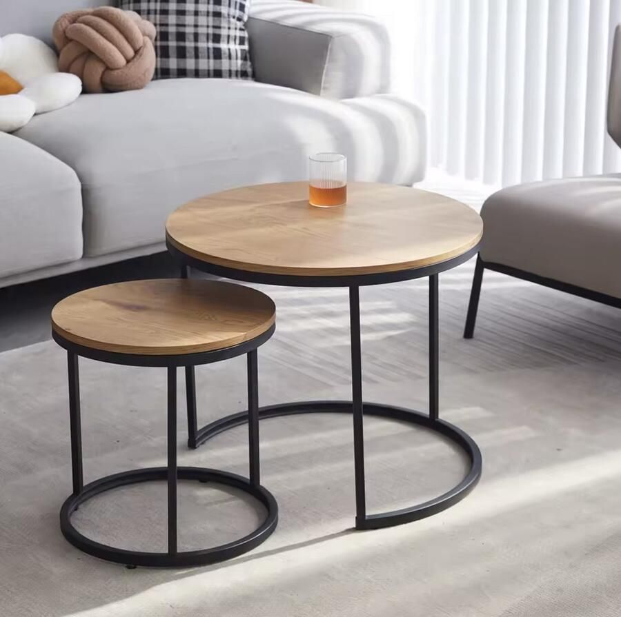 Varnox Salontafel set Houten tafels Koffietafel Bijzettafel Nestelbare salontafel Ronde salontafel 2in1 combinatie Zwarte poot Light Oak Bruin 60cm en 40cm