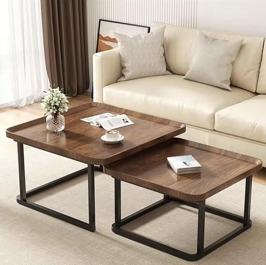 Varnox Salontafel set Houten tafels Koffietafel Bijzettafel Nestelbare salontafel Vierkante salontafel 2in1 combinatie Zwarte poot Vierkant Donkerbruin 60 cm en 50 cm