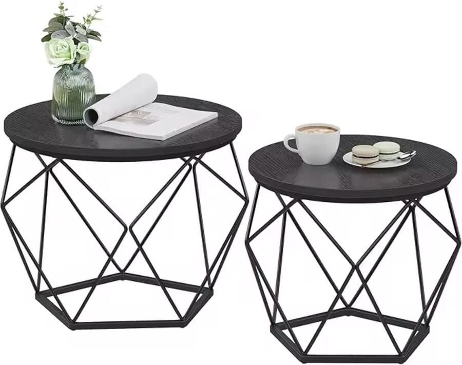 Varnox Salontafel set Houten tafels Koffietafel Bijzettafel Ronde salontafel 2in1 combinatie Set van 2 Afneembaar tafelblad Zwarte poot Zwart 60cm en 50cm