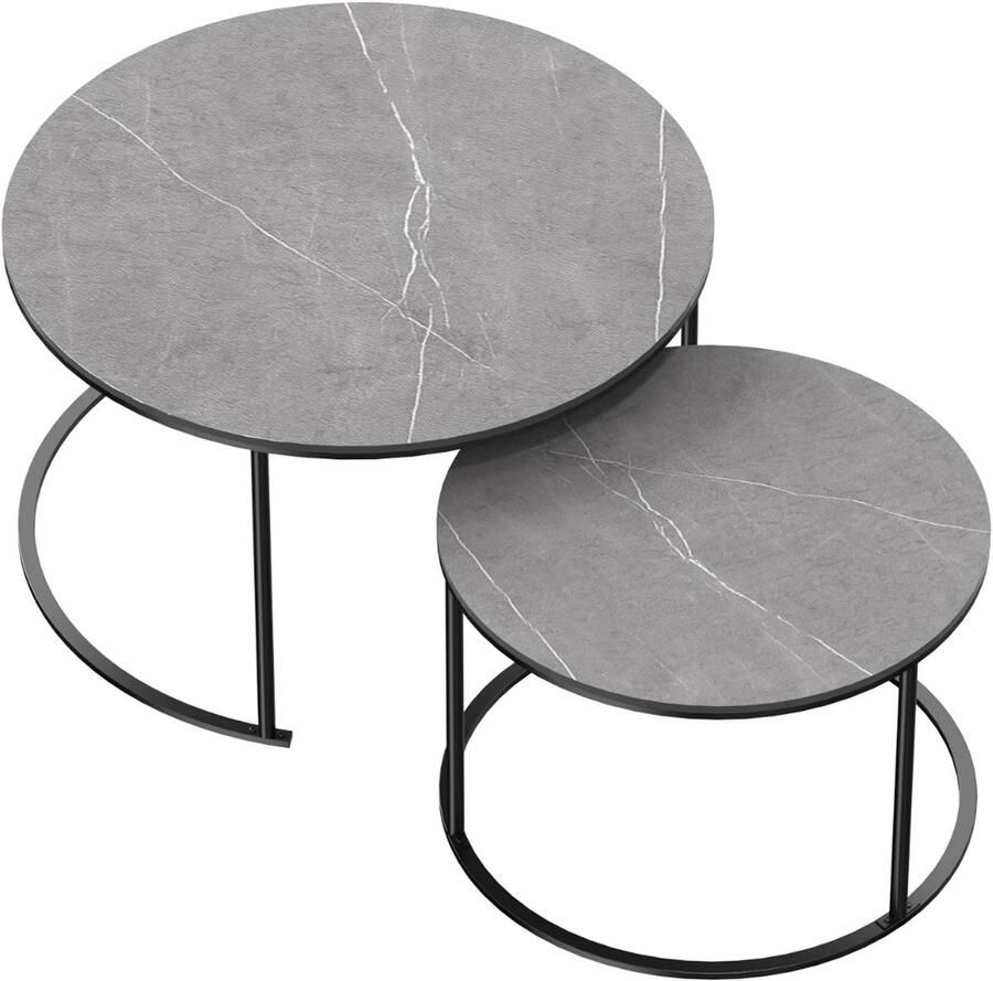 Varnox Salontafel set Stenen marmerlook tafels Koffietafel Bijzettafel Nestelbare salontafel Ronde salontafel 2in1 combinatie Zwarte poot Grijs marmerlook blad Gesinterd steen 80cm en 60cm