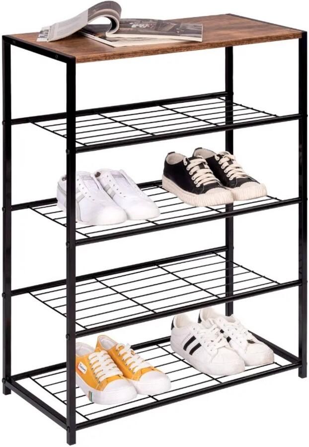 Varnox Schoenen rek Schoenenrek Schoenen kast Schoenenkast 5 laags rek Opberg rek 4 rekken 1 plank Zwart Bruin