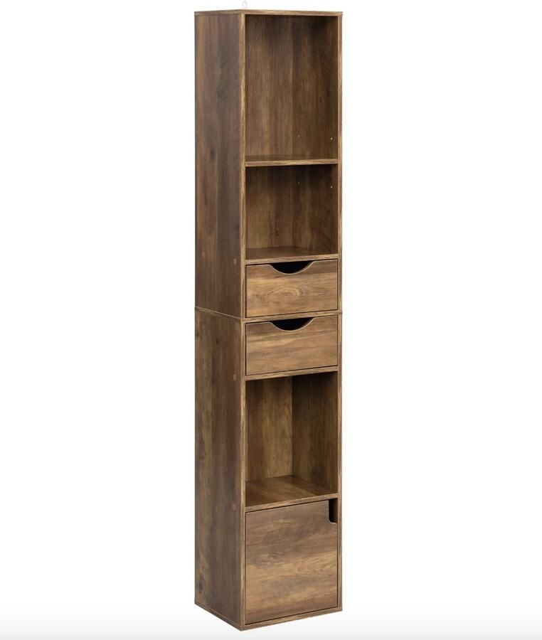 Varnox Smalle Boekenkast Kast Woonkamer kast Opbergkast 2 lades 1 deurtje Dark Oak Donkerbruin