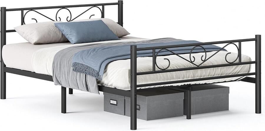 VASAGLE Bed 140 x 200 cm logeerbed tweepersoonsbed van metaal bedframe metalen bed eenvoudige montage inktzwart