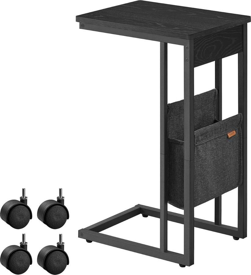 VASAGLE Bijzettafel Banktafel C-vormige salontafel met stoffen opbergtas Verstelbare poten Zwenkwielen Woonkamer Ebbenhout Zwart