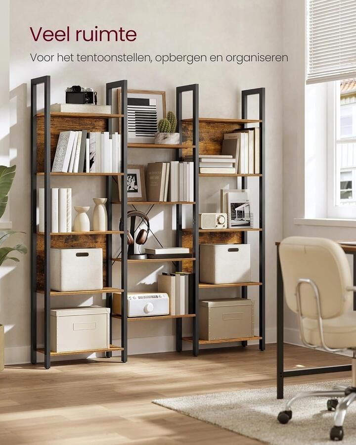 VASAGLE Boekenkast vrijstaande kast met 14 planken metalen frame 128x166cm vintage bruin en zwart