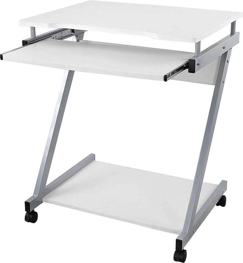 VASAGLE bureau computertafel met 4 wielen waarvan 2 met rem pc-tafel eenvoudig te bedienen toetsenbord uittrekbaar eenvoudige montage ruimtebesparende Z-vormige pc-tafel wit LCD811W