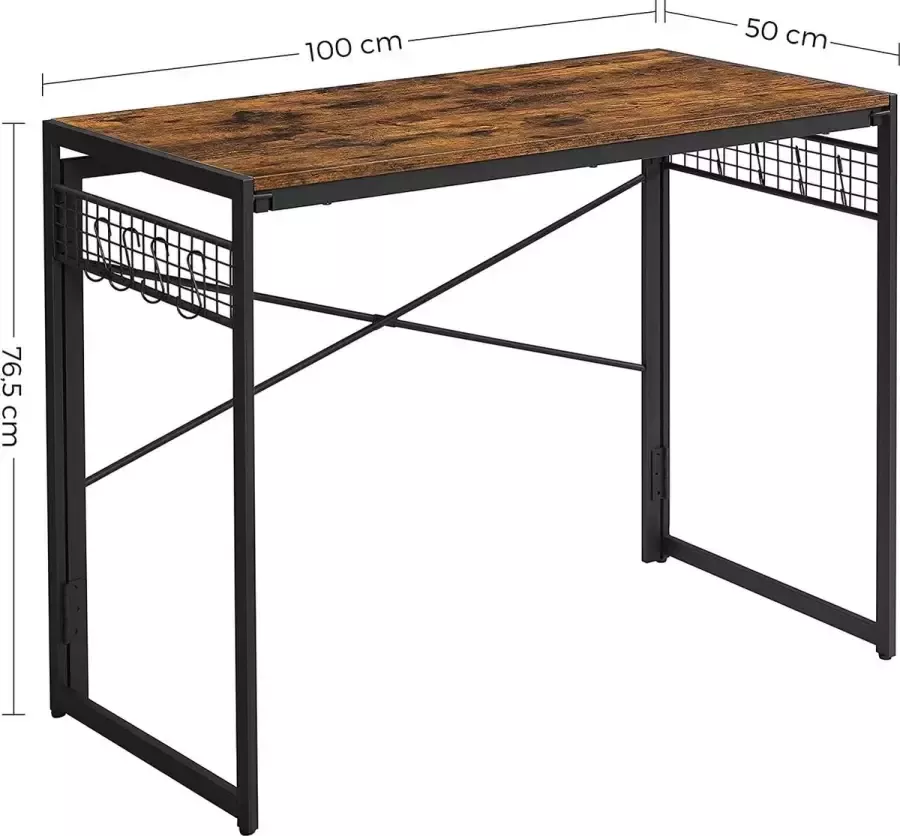 VASAGLE: Computertafel opklapbaar bureau met 8 haken werkplek geen gereedschap nodig industrieel ontwerp voor thuiskantoor laptop en PC LWD42X