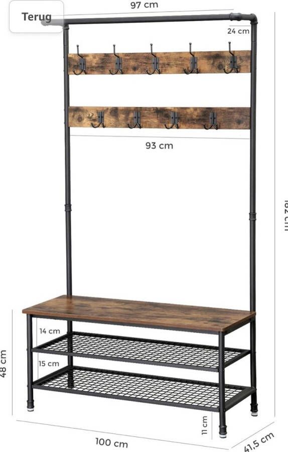 VASAGLE garderobe in industriële uitvoering met bankje grote kapstok met waterpijpelementen met 9 haken en schoenenrek multifunctionele kapstok robuust metalen frame HSR47BX