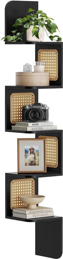 VASAGLE Hoekplank 5-laags zwevende wandplank zigzag hoekplank PVC rotan zijkanten ruimtebesparend voor keuken slaapkamer woonkamer boho-stijl aszwart