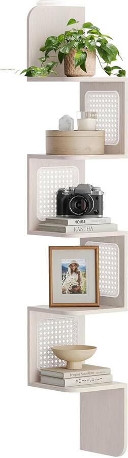 VASAGLE Hoekplank 5-laags zwevende wandplank zigzag hoekplank PVC rotan zijkanten ruimtebesparend voor keuken slaapkamer woonkamer boho-stijl havermoutbeige