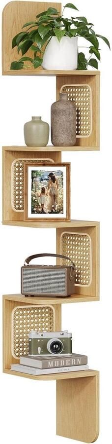 VASAGLE Hoekplank Wandplank 5 Niveaus Zwevende Plank Wandgemonteerde Plank Zigzagvorm PVC Rotan Zijpanelen Ruimtebesparend voor Keuken Slaapkamer Woonkamer Boho Stijl Eiken Beige